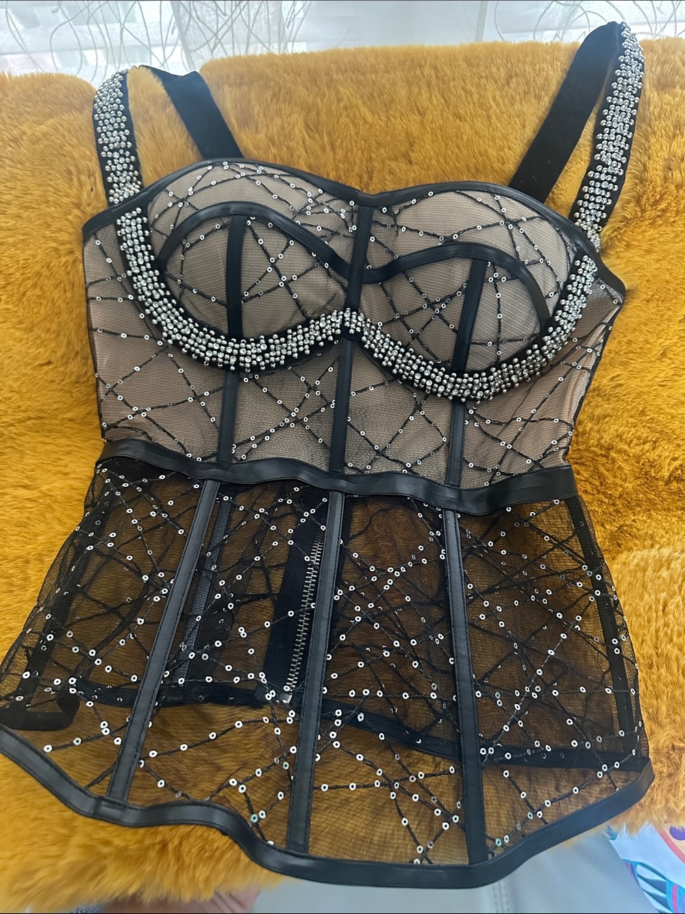 Black Beaded Mesh Bustier Corset Top - Elegant Sheer Shapewear